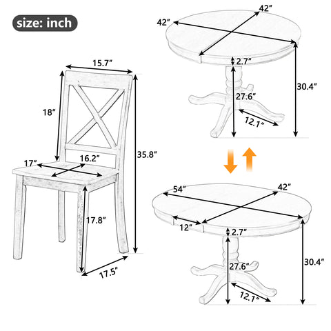 5-Piece Modern Dining Table Set for 4 - Round Table with Solid Wood Chairs, Natural Wood Wash Finish