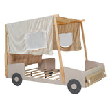 Wood Full Size Car Bed with Pillow, Ceiling Cloth and LED, Natural- Online Orders Only