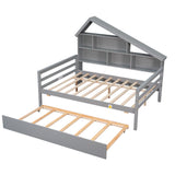 Full Size Platform Bed with Trundle and House Shaped Shelving - Gray- by Lissie Lou