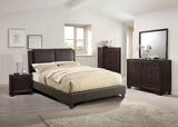 California King Size Bed with Modern Two-Panel Faux Leather Upholstered Headboard - Brown- by Lissie Lou