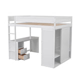 Wood Full Size Loft Bed with Wardrobes and 2-Drawer Desk with Cabinet, White- Online Orders Only