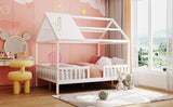 Full Size Wood House Bed with Fence, White