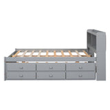 Full Size Bed with USB & Type-C Ports, LED Light, Bookcase Headboard, Trundle, and 3 Storage Drawers - Grey