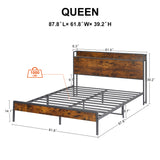 Bed Frame with Charging Station, Queen Size - Rustic Brown- by Lissie Lou