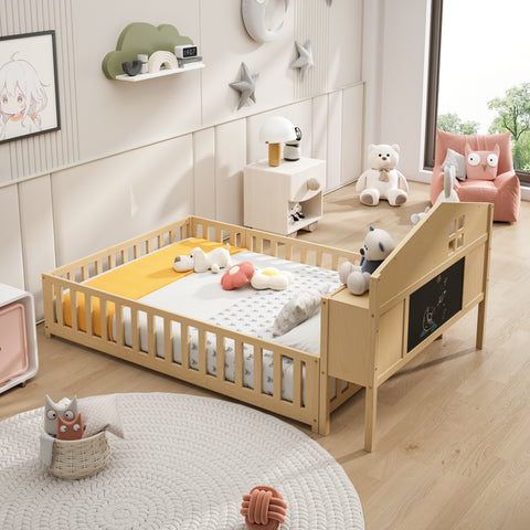 Explore Full Montessori Floor Bed - Natural Wood Design with Bookcases, Blackboard, and Guard Rails by Lissie Lou