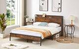 Bed Frame with Charging Station, Queen Size - Rustic Brown- by Lissie Lou