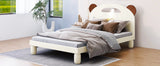 Twin Size Platform Bed with Bear Ears Shaped Headboard and LED, Cream White