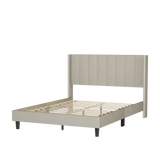 Queen Bed Frame/Velvet Upholstered Bed Frame with Vertical Channel Tufted Headboard- Beige