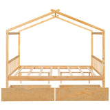 Full Size House Platform Bed with Two Drawers, Headboard, Footboard, and Roof Design - Natural- by Lissie Lou