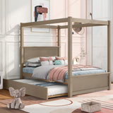 Wood Canopy Bed with Trundle Bed ,Full Size Canopy Platform bed With  Support Slats .No Box Spring Needed, Brushed  Light Brown- Online Orders Only