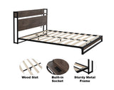 Platform Queen Bed with Electrical Sockets, Fast Assemble Design