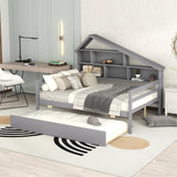 Full Size Platform Bed with Trundle and House Shaped Shelving - Gray- by Lissie Lou