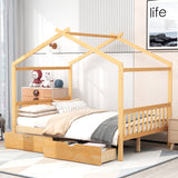 Full Size House Platform Bed with Two Drawers, Headboard, Footboard, and Roof Design - Natural- by Lissie Lou