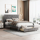 Full Size Storage Bed - Velvet Upholstered Platform with Big Drawer- Grey- by Lissie Lou