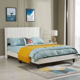 Queen Bed Frame/Velvet Upholstered Bed Frame with Vertical Channel Tufted Headboard- Beige