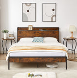 Bed Frame with Charging Station, Queen Size - Rustic Brown- by Lissie Lou