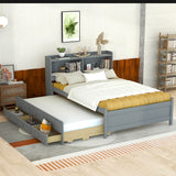 Full Size Bed with USB & Type-C Ports, LED Light, Bookcase Headboard, Trundle, and 3 Storage Drawers - Grey