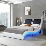 Multi-Feature Faux Leather Platform Bed Frame - LED, Bluetooth, Massage, Queen - White