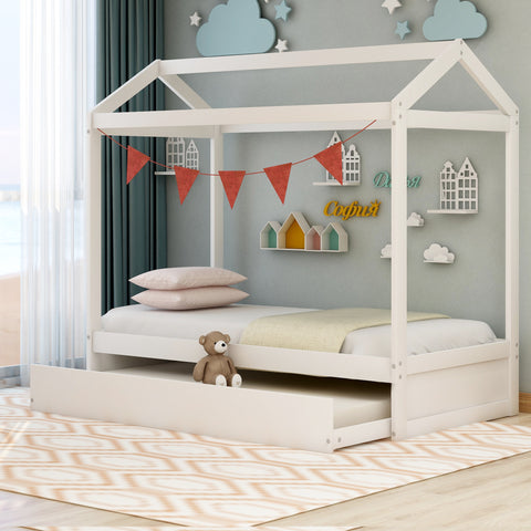 Twin House Bed with Trundle- White