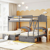 Full Over Twin & Twin Triple Bunk Bed with Drawers and Guardrails - Elegant Gray Velvet