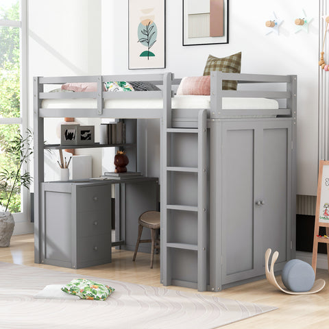 Twin size Loft Bed with Drawers, Desk, and Wardrobe- Gray