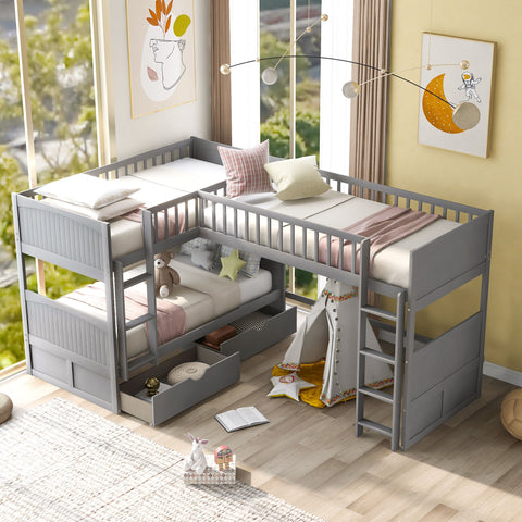 Twin Size Bunk Bed with a Loft Bed attached, with Two Drawers, Gray