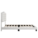 Regal King Size Upholstered Platform Bed with Saddle Curved Headboard in Beige