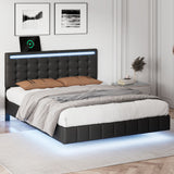 Full Size Floating Bed Frame with LED Lights and USB Charging - Modern Upholstered Platform, Black- by Lissie Lou