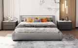 Grey Upholstered Faux Leather Platform bed with a Hydraulic Storage System with LED Light Headboard Bed Frame with Slatted Queen Size