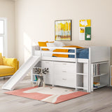 Low Twin Size Loft Bed with Cabinets, Shelves and Slide - White