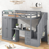 Twin Size Loft Bed with Wardrobe and Staircase, Desk and Storage Drawers and Cabinet in 1- Gray