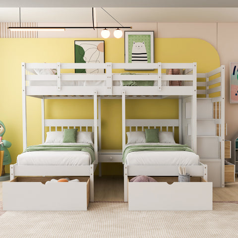 Full Over Twin & Twin Triple Bunk Bed with Drawers and Guardrails - Classic White