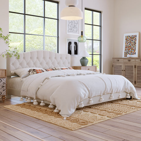 Regal King Size Upholstered Platform Bed with Saddle Curved Headboard in Beige