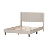 Queen Bed Frame/Velvet Upholstered Bed Frame with Vertical Channel Tufted Headboard- Beige