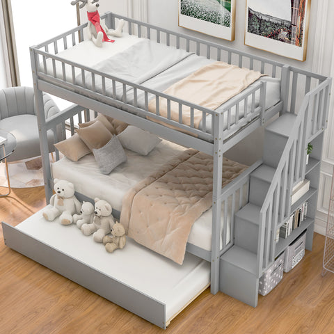 Versatile Twin over Twin Bunk Bed with Trundle and Storage in Sophisticated Gray