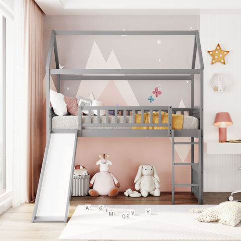 Twin Loft Bed with Slide, House Bed with Slide- Gray