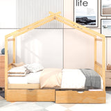 Full Size House Platform Bed with Two Drawers, Headboard, Footboard, and Roof Design - Natural- by Lissie Lou