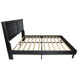 Stylish Queen Size PU Leather Upholstered Bed Frame Platform Bed with Lights Stitched Wing-backed Headboard Strong Wooden Slats Bed Canopy No Box Spring Needed Black