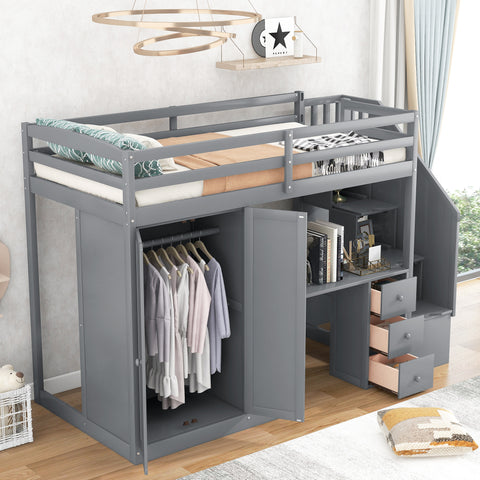 Twin Size Loft Bed with Wardrobe and Staircase, Desk and Storage Drawers and Cabinet in 1- Gray