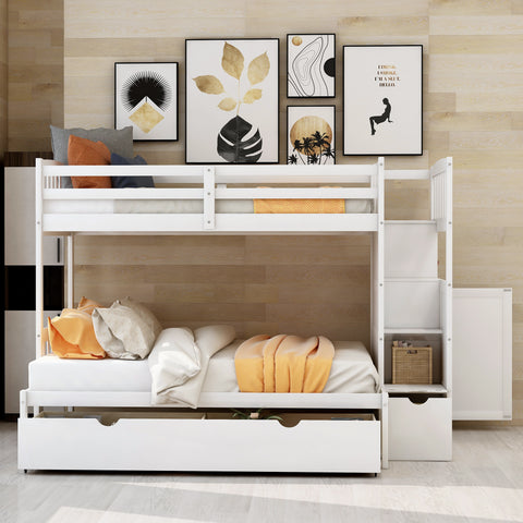 Twin over Twin/Full Bunk Bed, Convertible Bottom Bed, Storage Shelves and Drawers, White