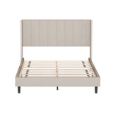 Queen Bed Frame/Velvet Upholstered Bed Frame with Vertical Channel Tufted Headboard- Beige