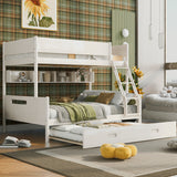 Wood Twin over Full Bunk Bed with Storage Shelves and Twin Size Trundle, Cream- Online Orders Only