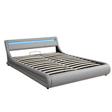 Grey Upholstered Faux Leather Platform bed with a Hydraulic Storage System with LED Light Headboard Bed Frame with Slatted Queen Size