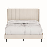 Queen Bed Frame/Velvet Upholstered Bed Frame with Vertical Channel Tufted Headboard- Beige