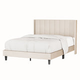 Queen Bed Frame/Velvet Upholstered Bed Frame with Vertical Channel Tufted Headboard- Beige