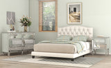 Regal King Size Upholstered Platform Bed with Saddle Curved Headboard in Beige