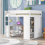 Wood Full Size Loft Bed with Wardrobes and 2-Drawer Desk with Cabinet, White- Online Orders Only