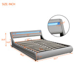 Grey Upholstered Faux Leather Platform bed with a Hydraulic Storage System with LED Light Headboard Bed Frame with Slatted Queen Size