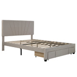 Queen Size Storage Bed Velvet Upholstered Platform Bed with a Big Drawer - Beige